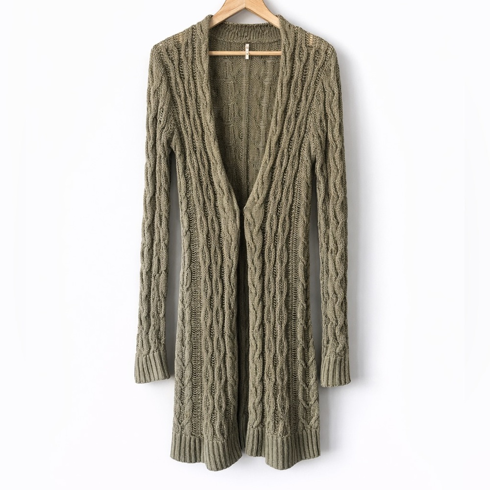 Long Cable Knit Open Cardigan Sweater - Olive